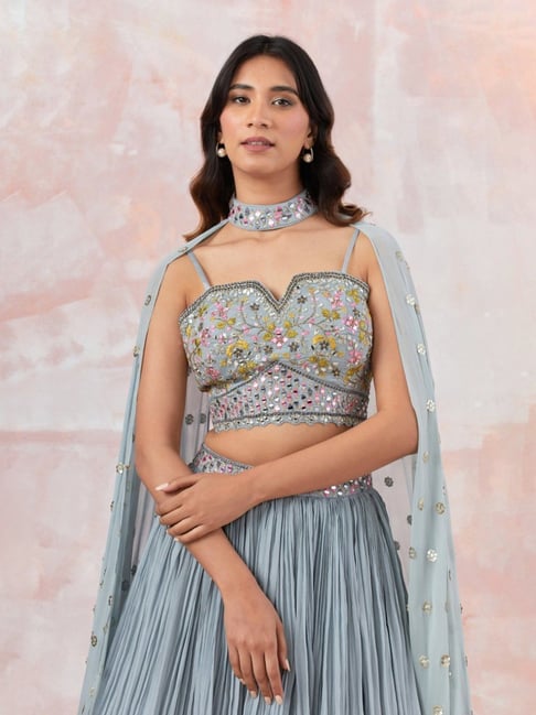 Buy Grey Georgette Lehenga with Blouse and Cape Dupatta for Women