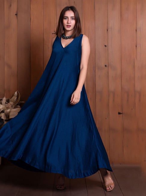 indian navy blue dress Luxury Navy Blue Denim Tiered Midi Dress  Premium Indo-Western Design   Shifa Drapping house