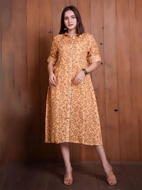 Eeshva India Mustard Yellow Pure Linen Shirt Dress