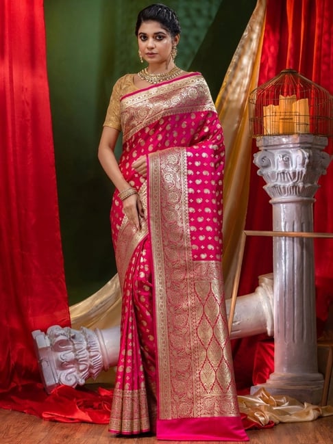 House Of Begum Bridal Banarasi Rani Pink Silk Saree With Blouse Piece