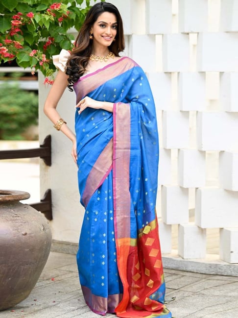 Beatitude Blue Handloom Cotton Silk Saree
