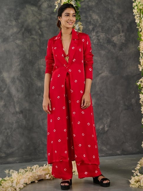 Gulaal Red Bandhani Modal Satin Shrug with Pant