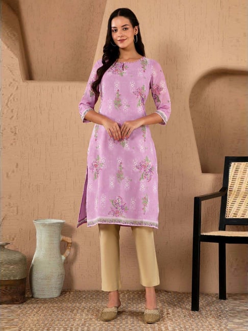 W Women Purple Festive Floral Print Georgette Straight Kurta-picture-27
