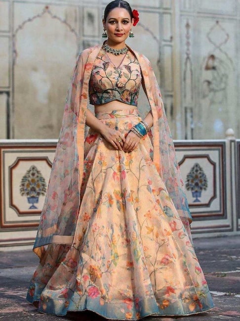 Scakhi Beige Tissue Zari Floral Print Lehenga with Choli and Dupatta