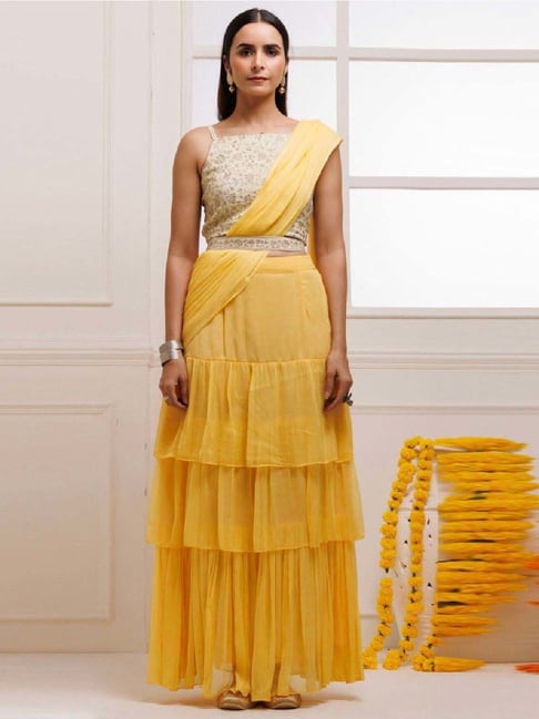 Geroo Jaipur Yellow Ready to Wear Ruffled Chiffon Saree with Stitched Blouse-picture-21