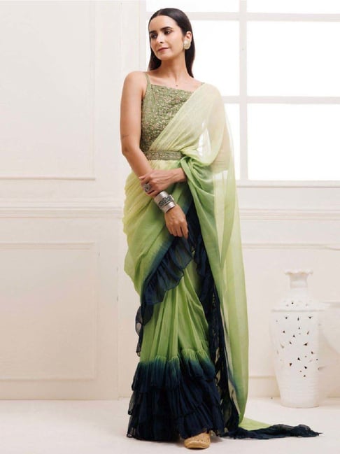 Geroo Jaipur Prussion Blue-Green Pleated Ombre Chiffon Saree with Stitched Blouse-picture-31