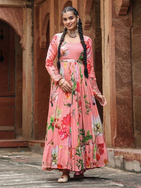 Buy Pink Chinon Silk Floral Print Gathered Gown With Belt for