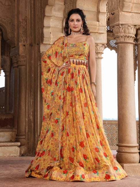 SCAKHI Mustard Chinon Silk Floral Print Embellished Lehenga with Choli  and Dupatta
