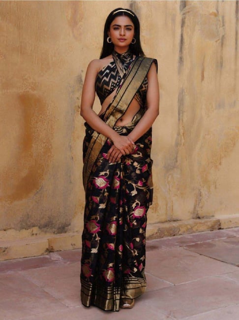 Geroo Jaipur Black Hand Woven Pure Kota Silk Saree-picture-21