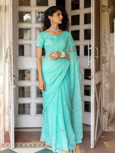 Geroo Jaipur Blue Chiffon Hand Embroidered Aari Saree-picture-44