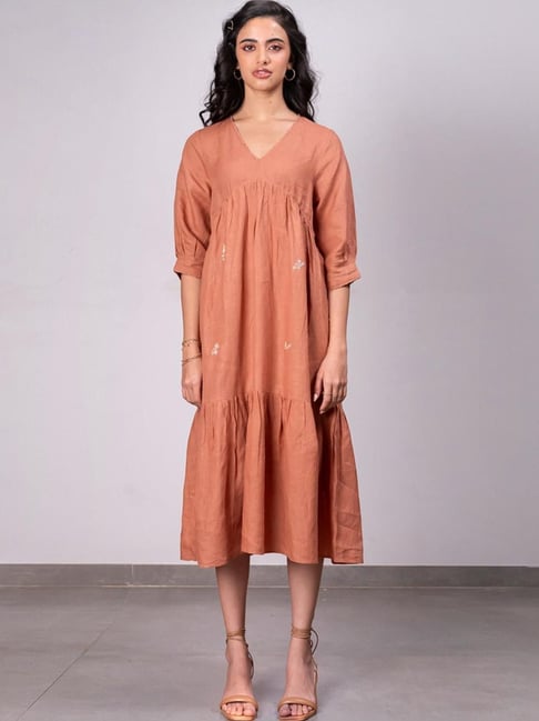knee length dresses for ladies Buy 100% Linen long slit Dress Online In Bangalore | India main image 0