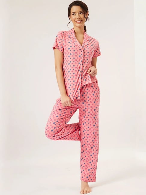 Clovia Pink Cotton Printed Top Pyjamas Set