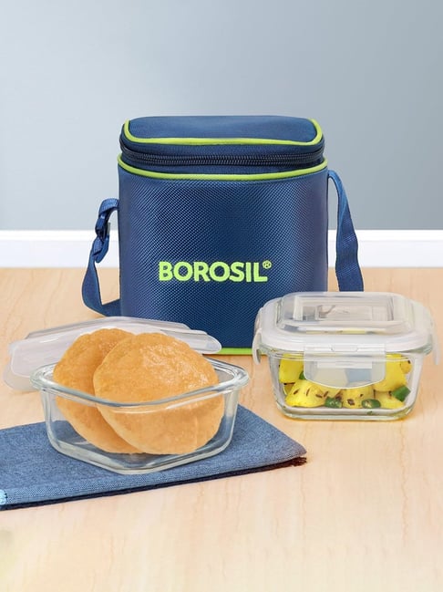 Borosil Klip n Store Lunch box with Bag Leakproof Set of 2 Transparent 320 ml