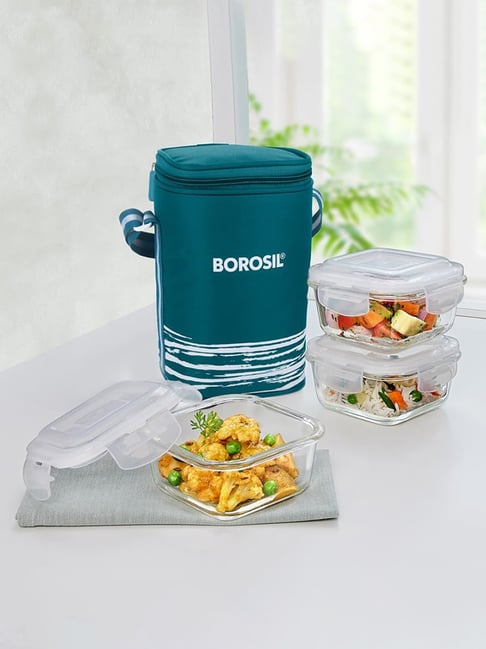 Borosil Steller Glass Lunch Box with Bag Teal 320 ml x 3