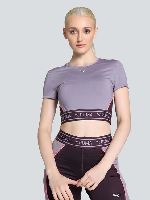 Puma Purple Color-Block Sports Crop T-Shirt-picture-41