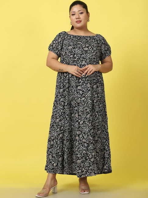 Buy theRebelinme Black Printed Plus Size Maxi Dress for Women's