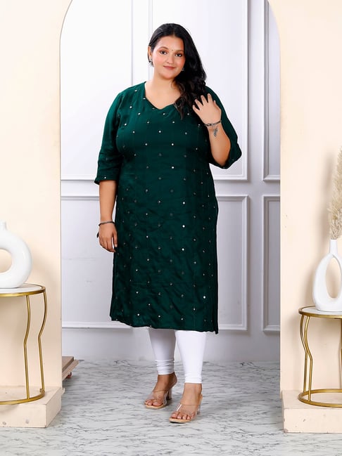 Miravan Green Embroidered Straight Plus Size Kurti-picture-46