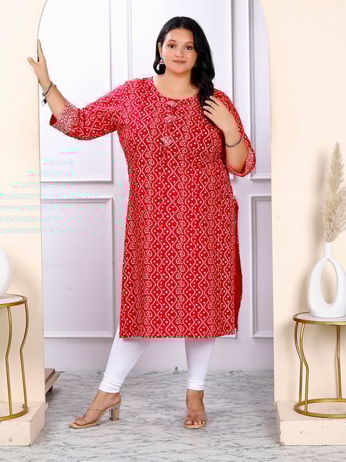 Miravan Red Bandhani Straight Plus Size Kurti-picture-29