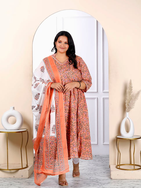 Miravan Orange Floral Print Anarkali Kurta Dupatta set-picture-46