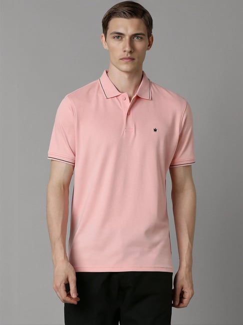 Louis Philippe Men's Solid Pink Polo T-Shirt with Contrast Tipping on Collar and Sleeves