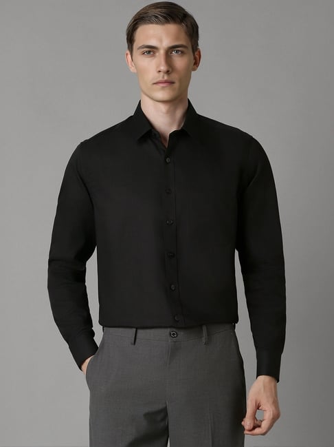Louis Philippe Mens Black Textured Easy to Iron Premium Cotton Slim fit Formal Shirt