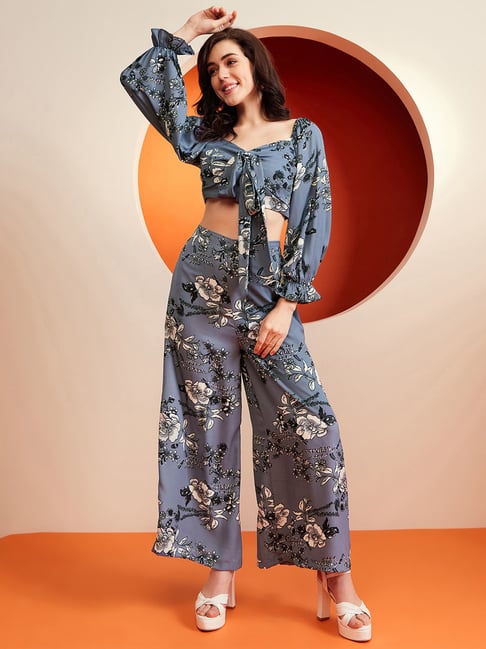 KASSUALLY Slate Blue Printed Crop Top With Pants
