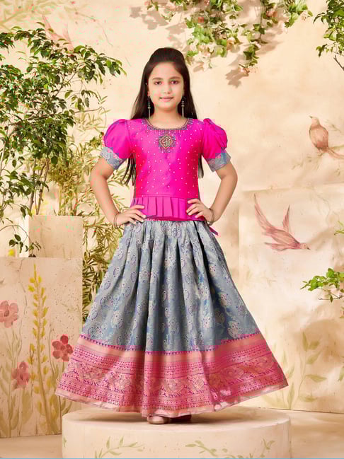 Aarika Girls Pink & Blue Embroidered Lehenga with Choli-picture-47