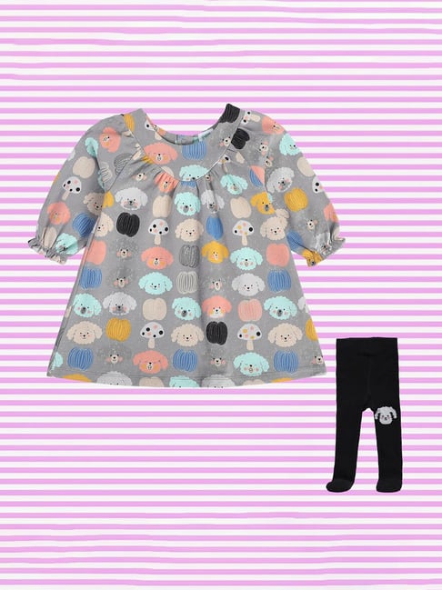 MINIKLUB Girls Grey & Black Printed Full Sleeves Dress with Stockings