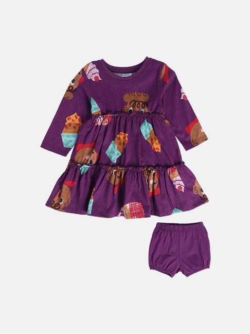 MINIKLUB Girls Purple Printed Full Sleeves Dress with Bloomers