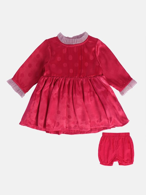 MINIKLUB Girls Red Textured Full Sleeves Dress with Bloomers
