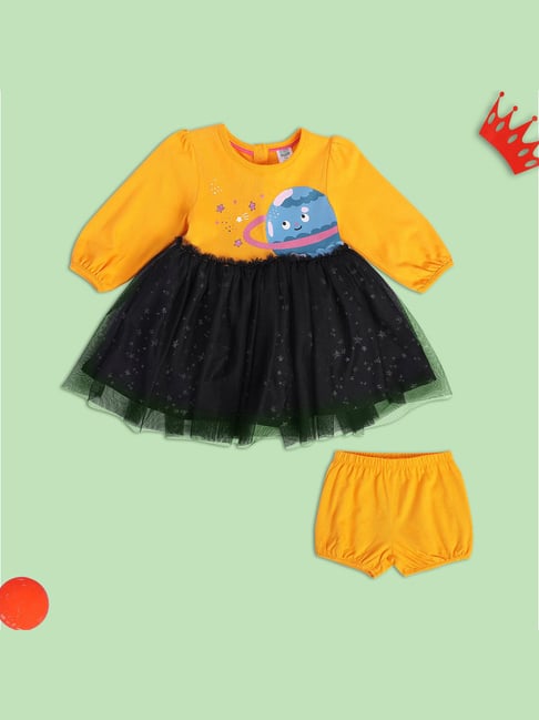 MINIKLUB Girls Orange & Black Printed Full Sleeves Dress with Bloomers
