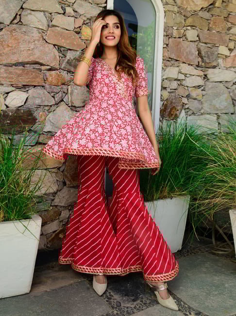 Label Aditi Hundia Cotton Red Short Kurti Garara