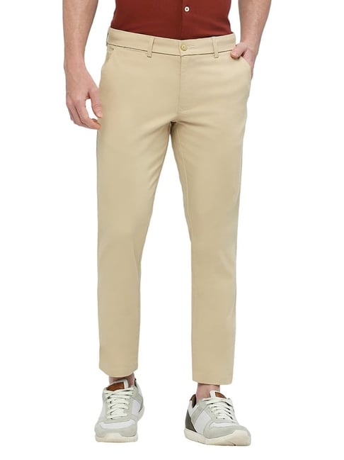 Basics Khaki Cotton Tapered Fit Trousers
