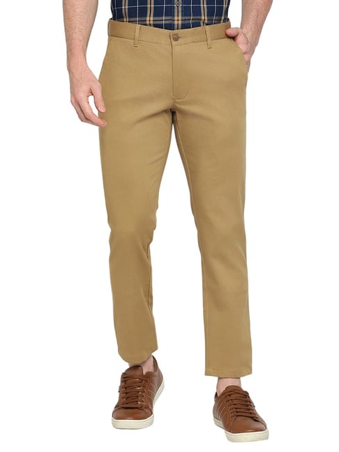 Basics Khaki Cotton Tapered Fit Texture Trousers