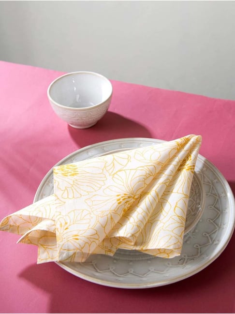 Fabindia Home Kusum Yellow & White Cotton 62 GSM Napkin - Set of 6-image-33