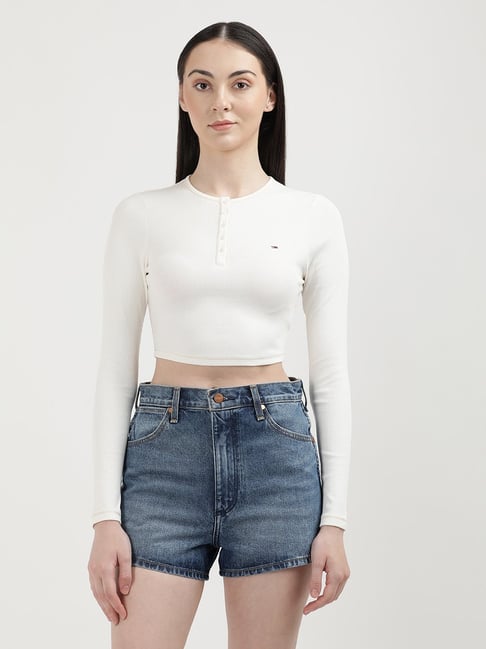 TOMMY HILFIGER White Embroidered Crop T-Shirt