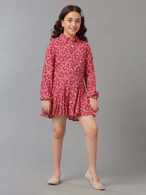 Under Fourteen Only Kids Coral Printed Full Sleeves Dress-picture-16