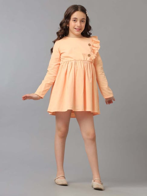 Under Fourteen Only Kids Peach Cotton Printed Full Sleeves Dress-picture-21