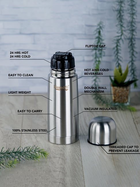 Sumeet Stainless Steel Double Walled Flask Water Bottle, 24 Hours Hot and  Cold, 400 ml, Silver