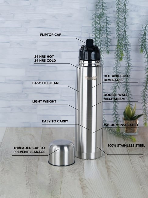 Sumeet Stainless Steel Double Wall Flask/Water Bottle, 24 Hrs Hot Cold,  1000ml, Silver-Set of 2Pcs