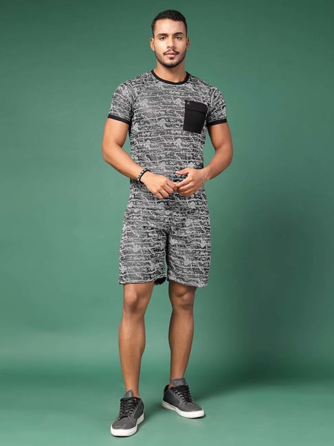 Rigo Grey Slim Fit Printed T-Shirt Shorts Set