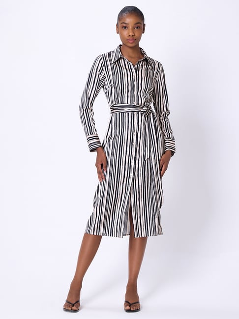 Cover Story White & Black Striped Shirt Dress