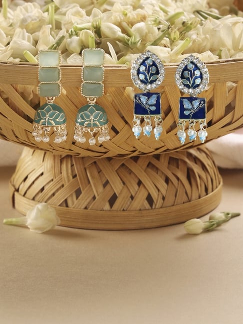 Zaveri Pearls Combo of 2 Blue & Mint Green Meenakari Jhumki Earrings-ZPFK18339-picture-27