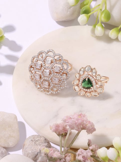 Zaveri Pearls Combo of 2 Rose Gold Tone Contemporary Adjustable Finger Ring-ZPFK18392-picture-15