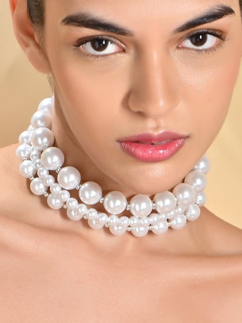 ToniQ White Pearl Statement Choker Necklace for Women