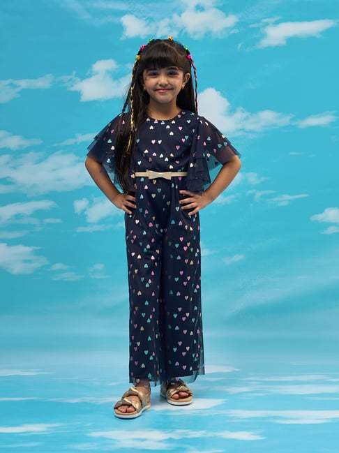 Lil Drama Girls Navy Embellished Half Sleeves Jumpsuit