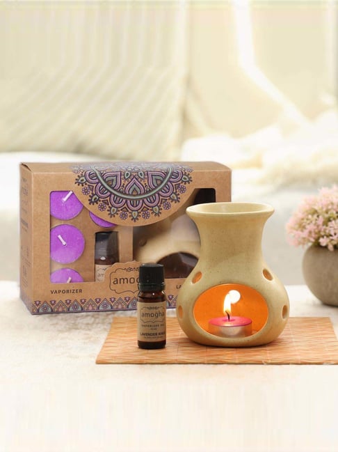 IRIS Ceramic Amogha Lavender Khus Fragrance Vaporizer With 4 Tealights And 10Ml Oil