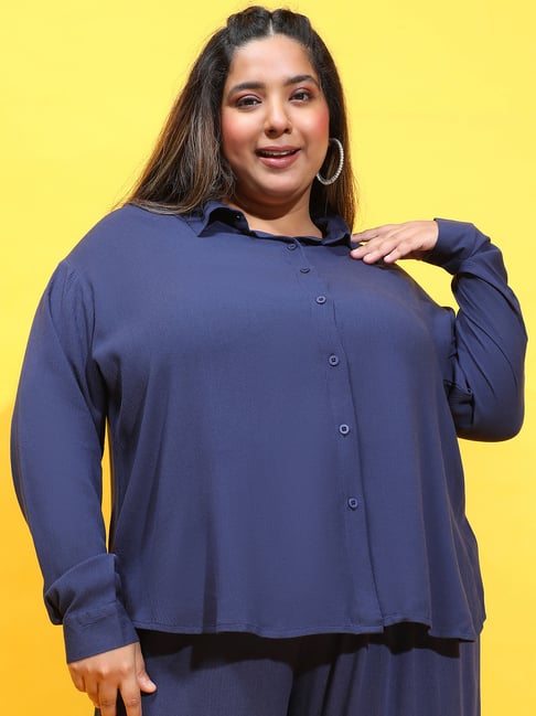 Oxolloxo Plus Size Navy Viscose Relaxed Fit Shirt-picture-37