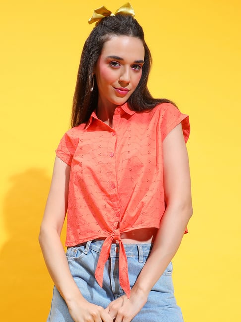 Oxolloxo Orange Cotton Self Design Crop Shirt-picture-32