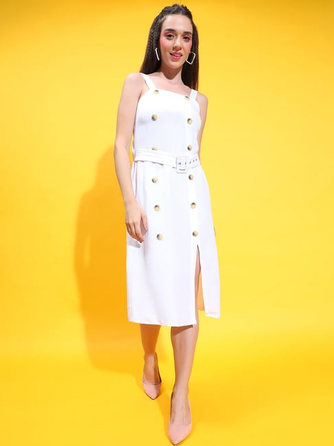 Oxolloxo White Linen Regular Fit Midi Dress With Belt